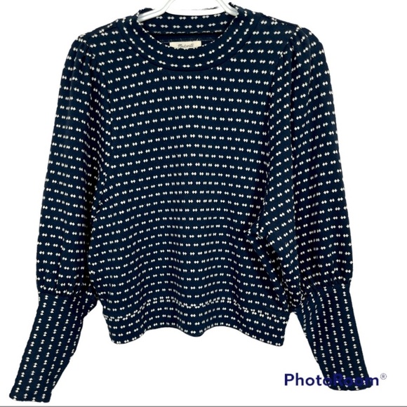 Madewell puff sleeve mock neck top in bowtie jacquard Navy size S - Picture 1 of 6
